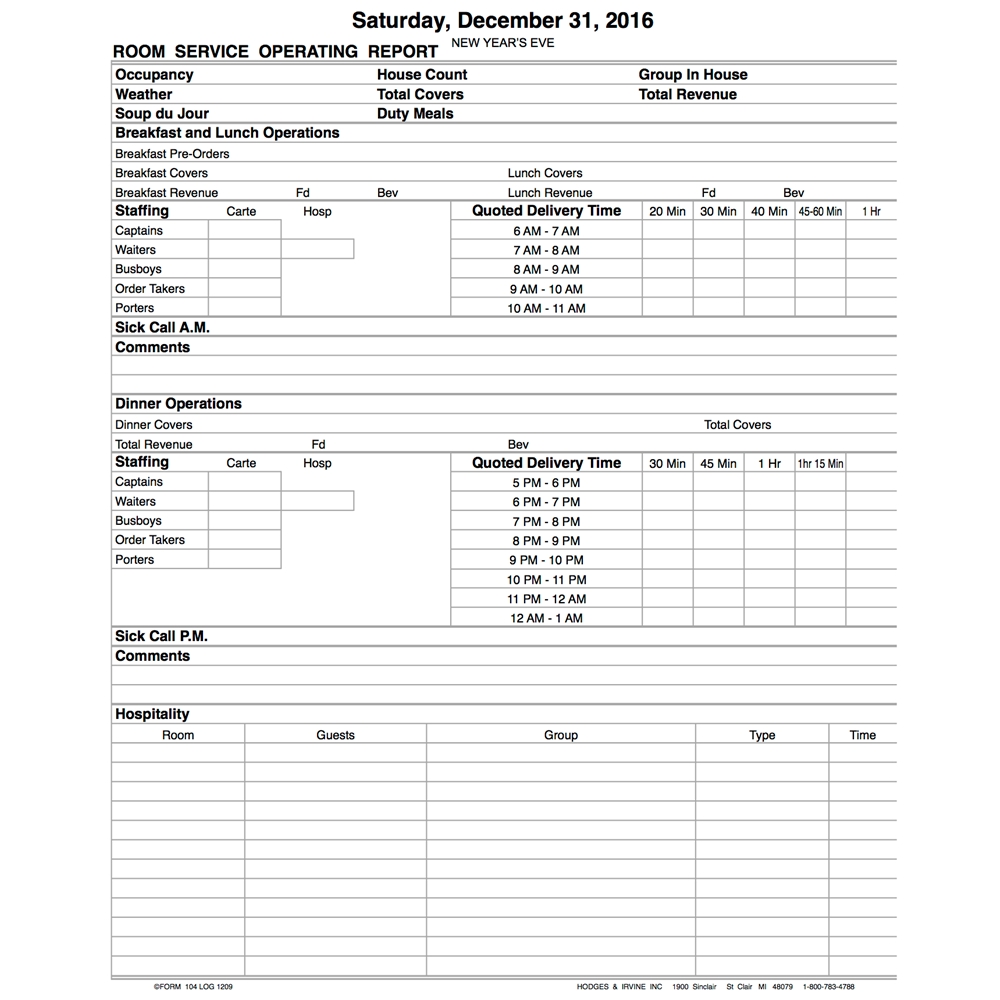 Custom Restaurant Managers Log Book